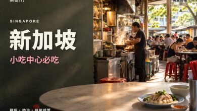 新加坡小吃中心必吃封面，小吃中心攤位與海南雞飯
