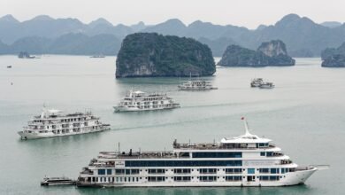 越南下龍灣海上的石灰岩島嶼與遊船