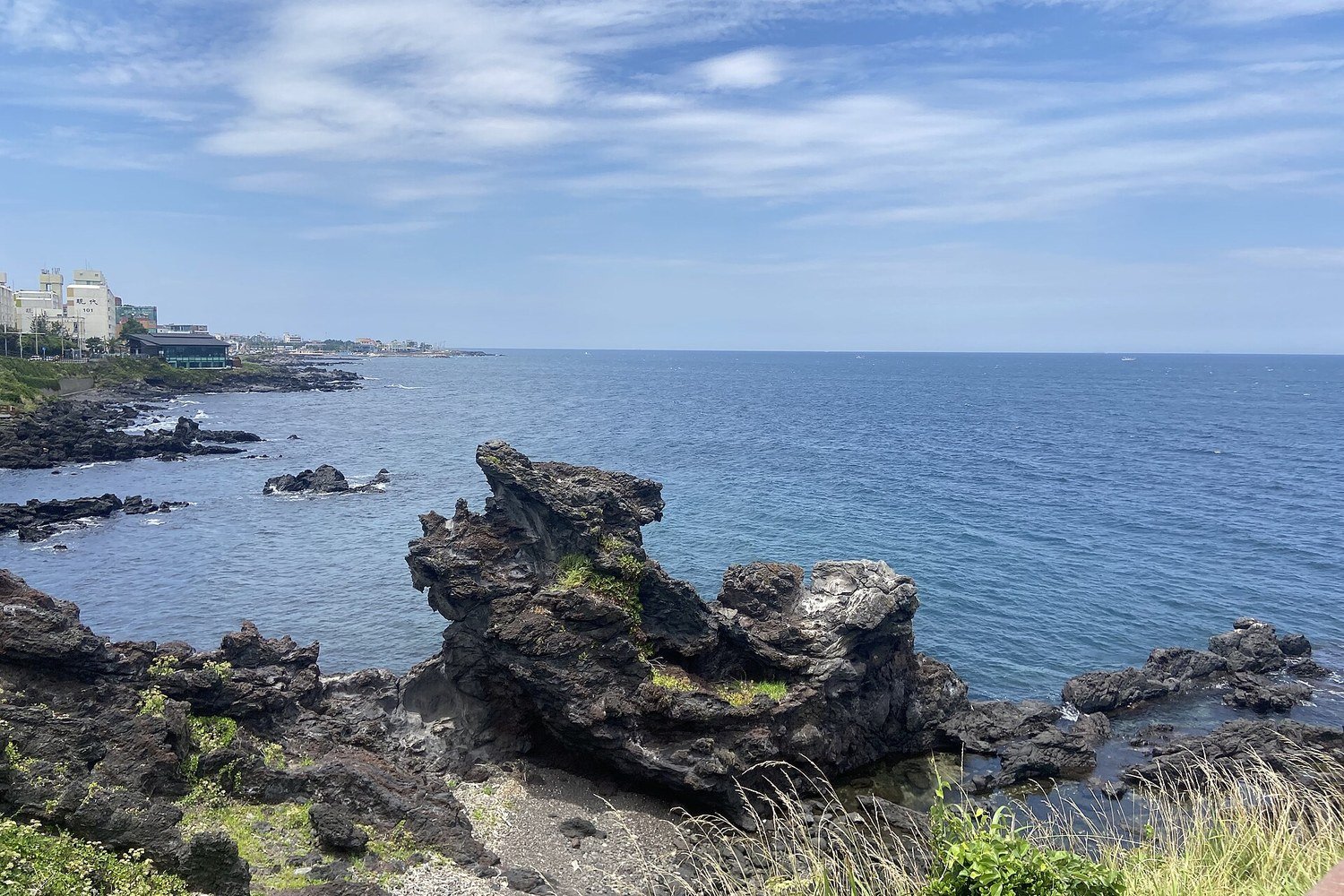 濟州市龍頭岩海岸的龍頭形火山岩與藍色海面